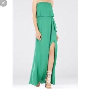 BCBG Light Kelly Green Felicity Asymmetrical Front Slit Strapless Dress